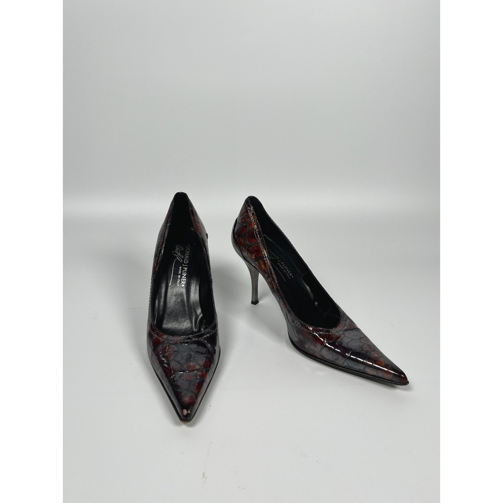 VTG Donald J Pliner Stiletto Heels Womens 7M Brown Faux Croc 90s Minimalist Chic